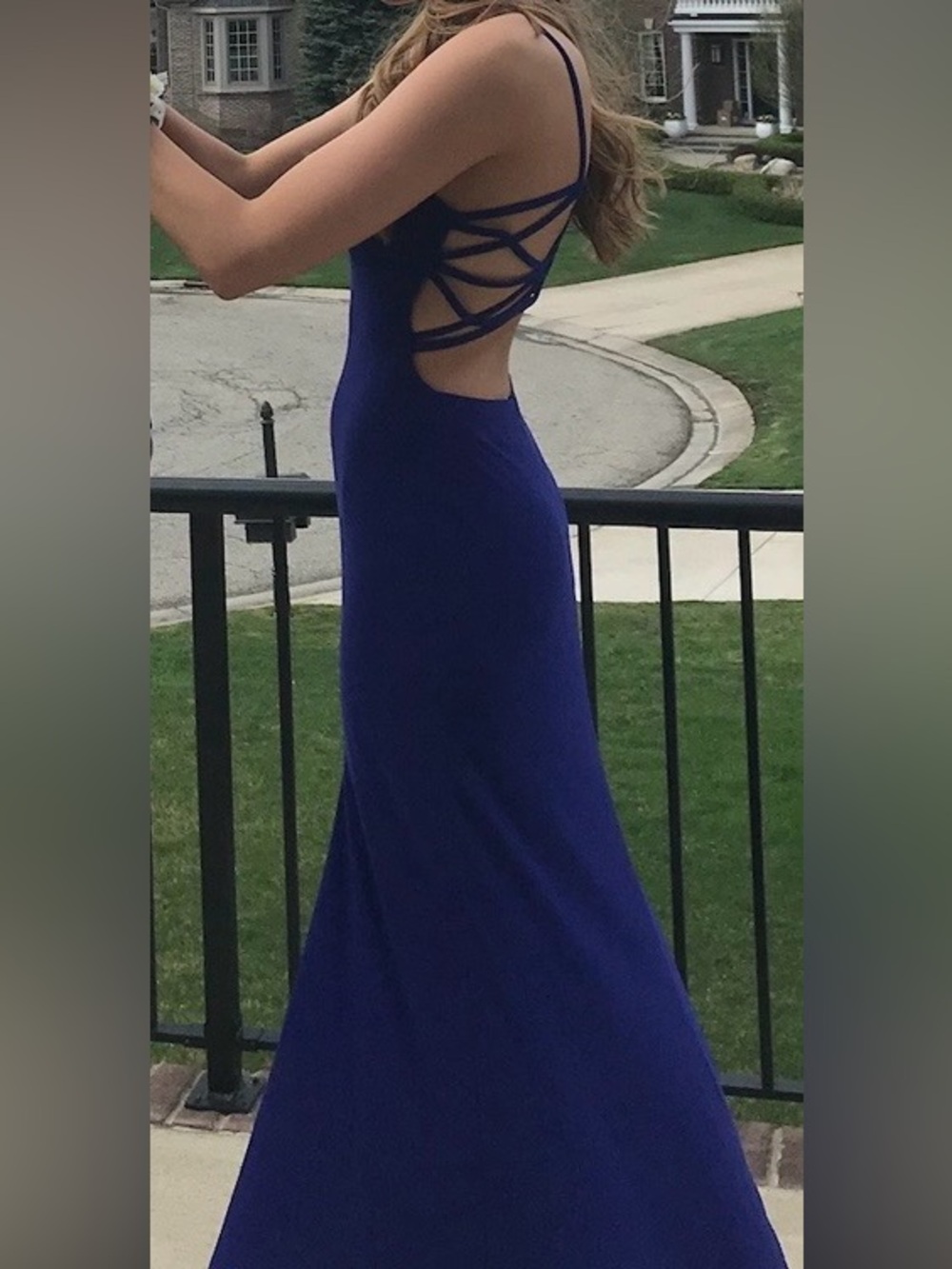 Morgan & Co. Royal Blue Halter Prom Dress with Lace-Up Sides